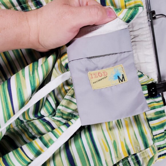 Izod Board Shorts Yellow Green Blue Stripe 3 Pockets Swim Trunks Mesh Men Sz M - Picture 3 of 10
